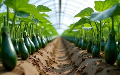 Obraz premium Organic green eggplant row in modern greenhouse automated system. High quality