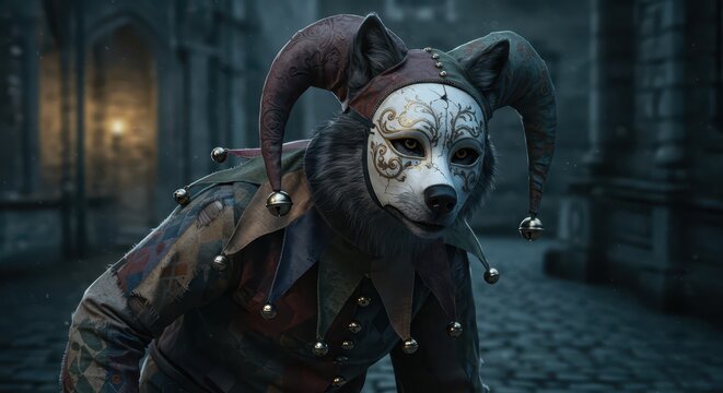 Anthropomorphic canine figure wearing an ornate mask and jester attire stands in a dimly lit cobblestone alleyway - Powered by Adobe