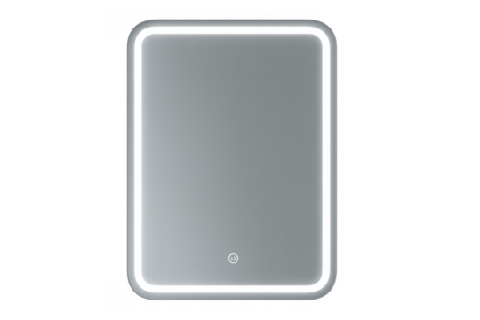 Rectangular led smart mirror with illuminated frame and power button, adding modern style to smart home decor