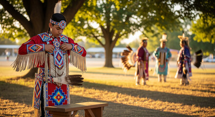 A Native American man adjusts his traditional regalia before a ceremonial dance performance.