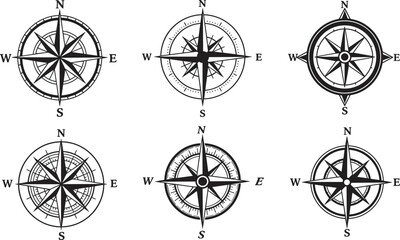 Compass rose icons set, navigation direction symbols, vintage compass design collection, travel navigation graphic, adventure exploration map elements vector
