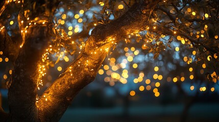 Magical warm fairy lights twinkle on tree branches creating an enchanting bokeh effect for festive holiday celebrations and cozy evening ambiance