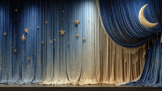 Stage backdrop featuring draped curtains, moon, stars, and shimmering hues