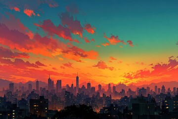 Obraz premium A Colorful Digital Painting of a City Sunset
