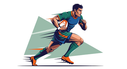 Dynamic rugby player with ball in motion, showcasing speed and athletic power, perfect for sports branding and event promotions