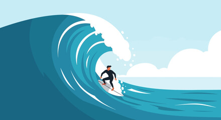 Dynamic surfer expertly rides a massive ocean wave, capturing the thrill and adventure of extreme water sports.