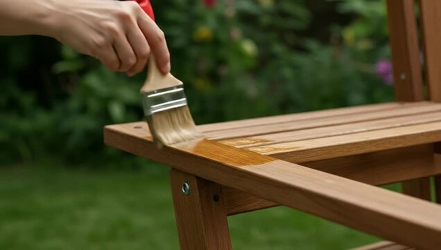 Applying Wood Stain to Outdoor Chair with Brush in Garden Setting