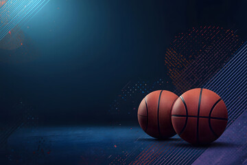 Basketball banner concept with copy space, sport balls on dark background, mixed media illustration
