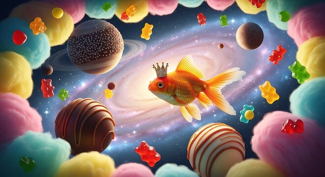 Fantasy world with goldfish wearing crown surrounded by candy planets