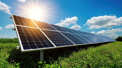 Solar panels in a field generating clean energy under a bright sun.