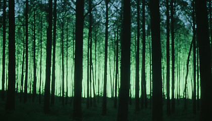 Mysterious forest with ethereal green glow and tall silhouettes, dreamy cinematic atmosphere for fantasy or nature inspired backgrounds