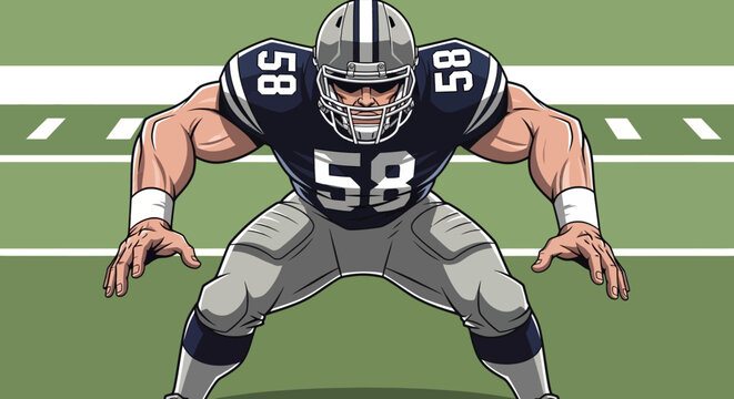 Powerful football player in ready stance on field, showcasing strength and focus for game day action and team spirit.