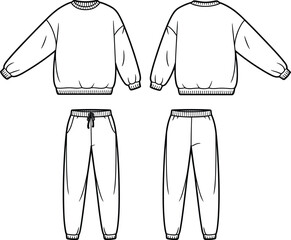 Sweatshirt and jogger pants technical sketch, loungewear flat template, fashion CAD drawing, apparel design vector, clothing illustration, front and back flat vector