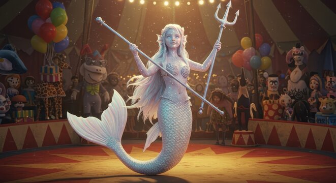 Mythical aquatic humanoid holds trident and staff inside a brightly lit performance tent filled with toys