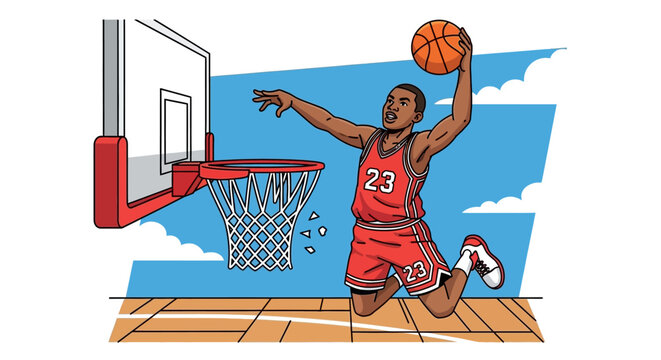 Dynamic athlete soars for a powerful slam dunk, showcasing incredible athleticism and the thrill of the game in a vibrant, action-packed scene