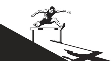 Dynamic athlete leaps over hurdle in intense track and field race, showcasing power and determination for peak performance