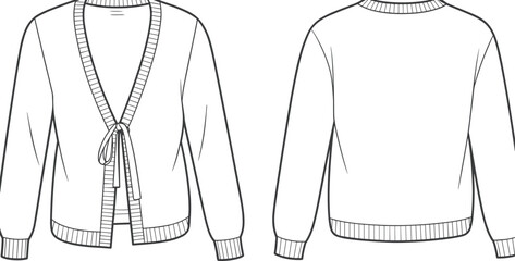 Tied-front cardigan technical sketch, knitwear flat template, fashion CAD drawing, apparel design vector, front and back views, clothing illustration, flat vector