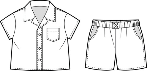 Kids short-sleeve shirt and shorts technical sketch, outfit flat template, fashion CAD drawing, apparel design vector, clothing illustration, flat vector
