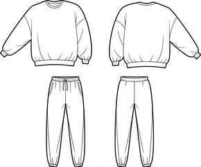 Sweatshirt and jogger pants technical fashion flat sketch showing front and back views, vector apparel template for garment design and production planning