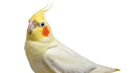 A beautiful cockatiel bird with yellow crest and orange cheeks isolated on transparent background, png