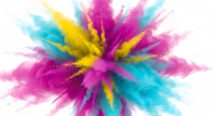 Vibrant Pink, Blue, and Yellow Powder Explosion on White Background