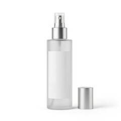 Clear Glass Spray Bottle with Silver Cap on White Background for Skincare and Beauty Products