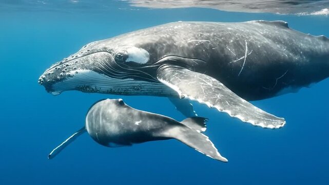 Two whales swimming together underwater with a calf in the deep blue ocean water showcasing marine life and family bond
