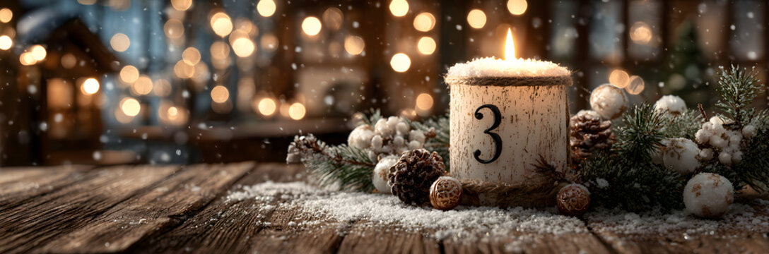 Dritter Advent schnee panorama Kerze mit Zahl dekoriert weihnachten Aventszeit holz hintergrund lichter bokeh / third sunday advent