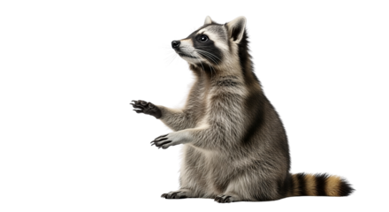 A curious raccoon sits upright isolated on transparent background, png