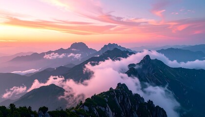 Misty mountain range, bathed in sunset hues, clouds swirl between peaks, creating ethereal, scenic view