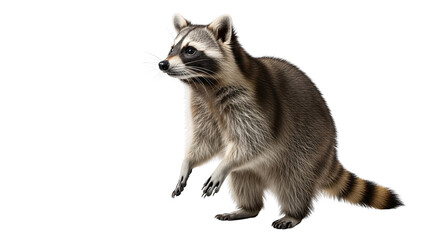 Obraz premium A curious raccoon stands on its hind legs looking to the side isolated on transparent background, png