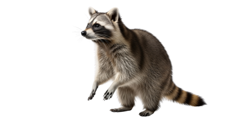 A curious raccoon stands on its hind legs looking to the side isolated on transparent background, png