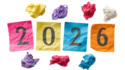 Colorful crumpled paper spelling out the year 2026 isolated on transparent background.