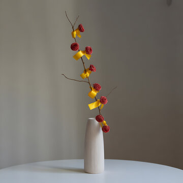 Tall Vase with Decorative Red Blooms