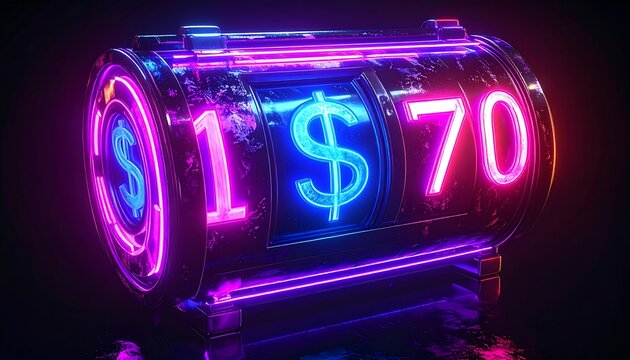 Neon dollar numbers on metallic cylinder, with vibrant pink and blue lights, isolated against a dark background