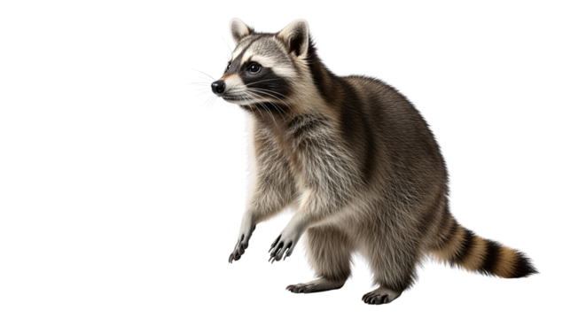 A curious raccoon stands on its hind legs looking to the side isolated on transparent background, png