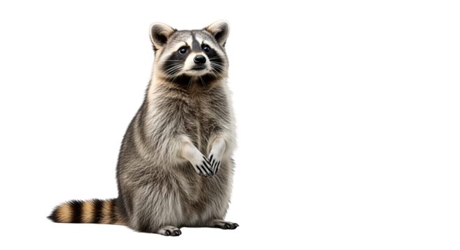 A curious raccoon stands isolated on transparent background