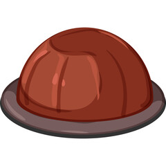 Brown Jelly Pudding Dessert on a Dark Saucer Transparent Background Cartoon Style Simple Icon