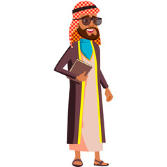 Arab Muslim Old Man Poses Set Elderly People Oil Painting Style Illustration With Red And White Headdress Sunglasses And Book