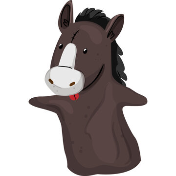 Brown horse puppet toy with black mane and white nose sticking out tongue on transparent background playful cartoon character
