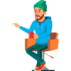 Bearded Man Wearing Green Beanie and Blue Hoodie Sitting on Orange Chair Holding Red Mug Pointing Finger Looking Concerned With Transparent Background