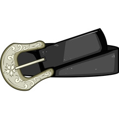 Black Leather Belt with Ornate Silver Buckle Isolated on Transparent Background Detailed Illustration