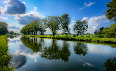 A beautifully serene river scene featuring trees reflecting perfectly in the calm waters beneath a clear blue sky