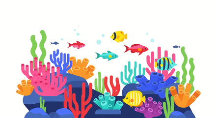 Vibrant undersea scene coral seaweed  colorful fish against a white background
