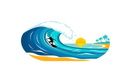 A surfer rides a wave near a beach with palm trees at sunset