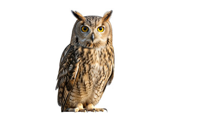 A Majestic Eurasian Eagle Owl Perched isolated on transparent background, PNG.