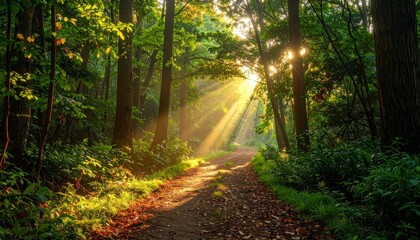 Fototapeta premium Sunlight Filtering Through Trees in a Lush Forest.