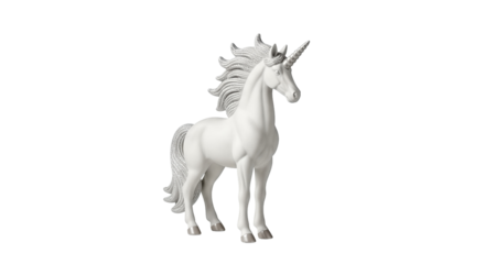 A majestic white unicorn statue standing proudly isolated on transparent background, PNG side angle