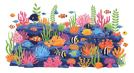 A vibrant coral reef teeming with colorful fish and diverse aquatic plants