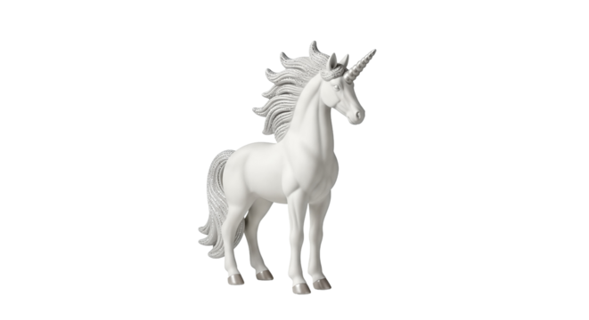 A majestic white unicorn statue standing proudly isolated on transparent background, PNG side angle